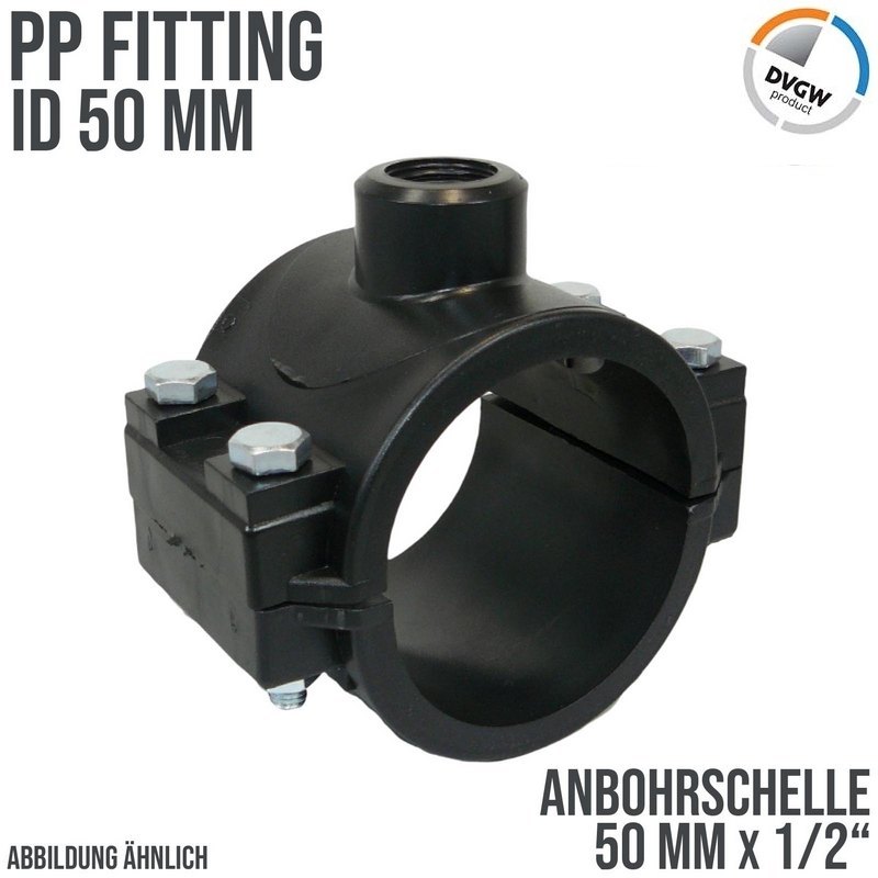 50 mm x 1/2" PP PE Anbohr Abzweig Schelle Klemmschale x Innengewinde DVGW [PN16]