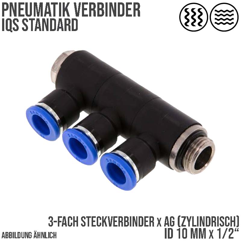 10 mm x 1/2" Pneumatik Steck Verbinder 3-fach Verteiler IQS Außengewinde zylindrisch - PN 20 bar