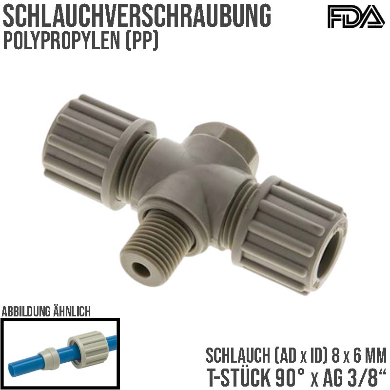 8 x 6 mm x 3/8" T-Stück 90° Kupplung Aussengewinde PA PP Schlauch Verbinder FDA drehbar - PN 10 bar