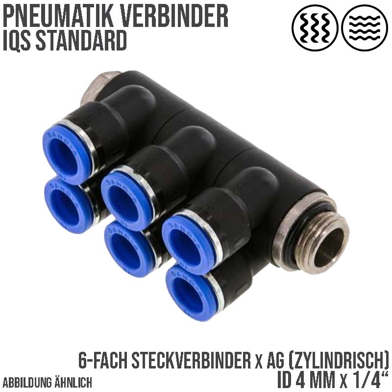 4 mm x 1/4" Pneumatik Steck Verbinder 6-fach Verteiler IQS Außengewinde zylindrisch - PN 20 bar