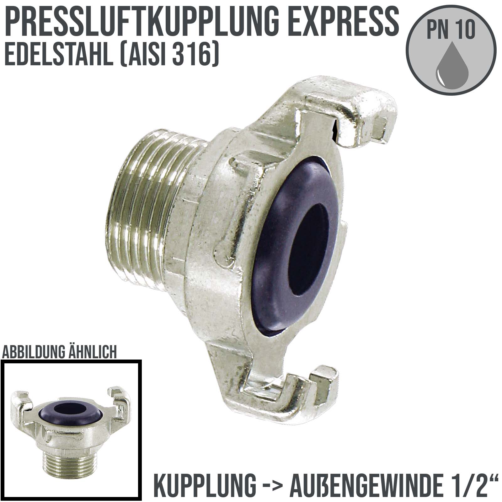 1/2" Pressluft Klauen Kupplung Express Edelstahl AISI 316 Abstand 41 mm BSPP Außengewinde AG - PN 10 bar