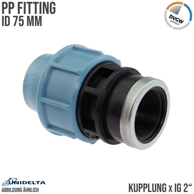 75 mm x 2" PE PP Fitting Klemm Verbinder Verschraubung Muffe Rohr Kupplung x IG DVGW - Unidelta