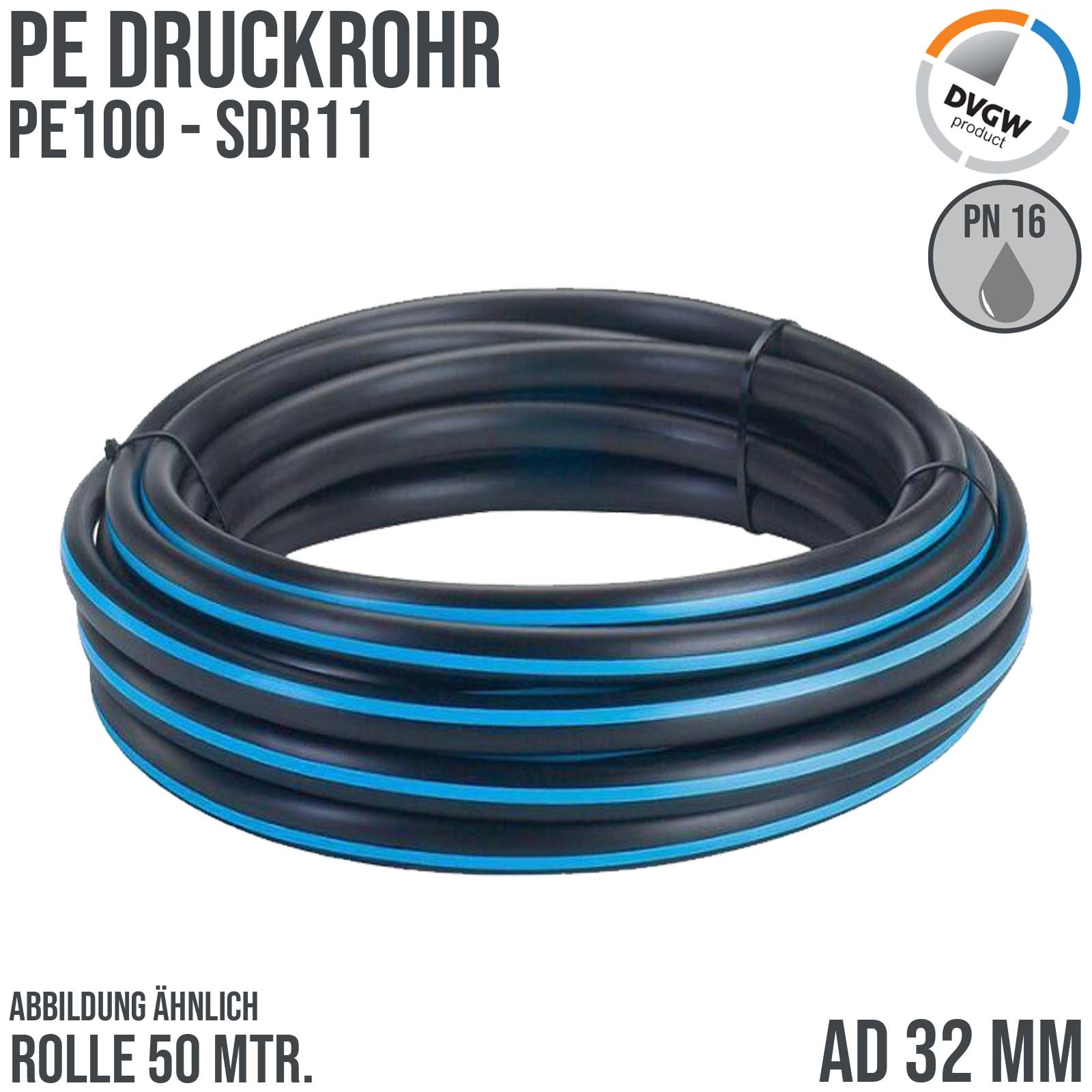 32 x 3,0 mm PE PP Rohr HD Druckrohr Trink Brauch Wasser PE 100 DVGW SDR 11 PN 12,5 bar - 50 m Rolle