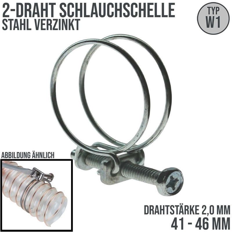 41 - 46 mm 2-Draht Schlauch Schelle W1 Stahl verzinkt Schraube M6 x 40 Draht 2,0 mm