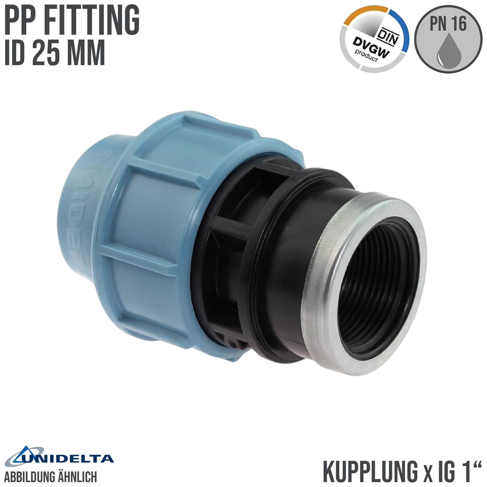 25 mm x 1" PE PP Fitting Klemm Verbinder Verschraubung Muffe Rohr Kupplung x IG DVGW - Unidelta
