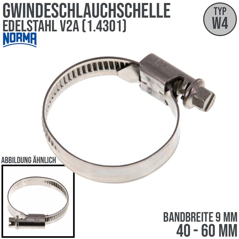 40 - 60 mm NORMA Schlauch Gewinde Rohr Schelle W4 Edelstahl 1.4301 - Band 9 mm