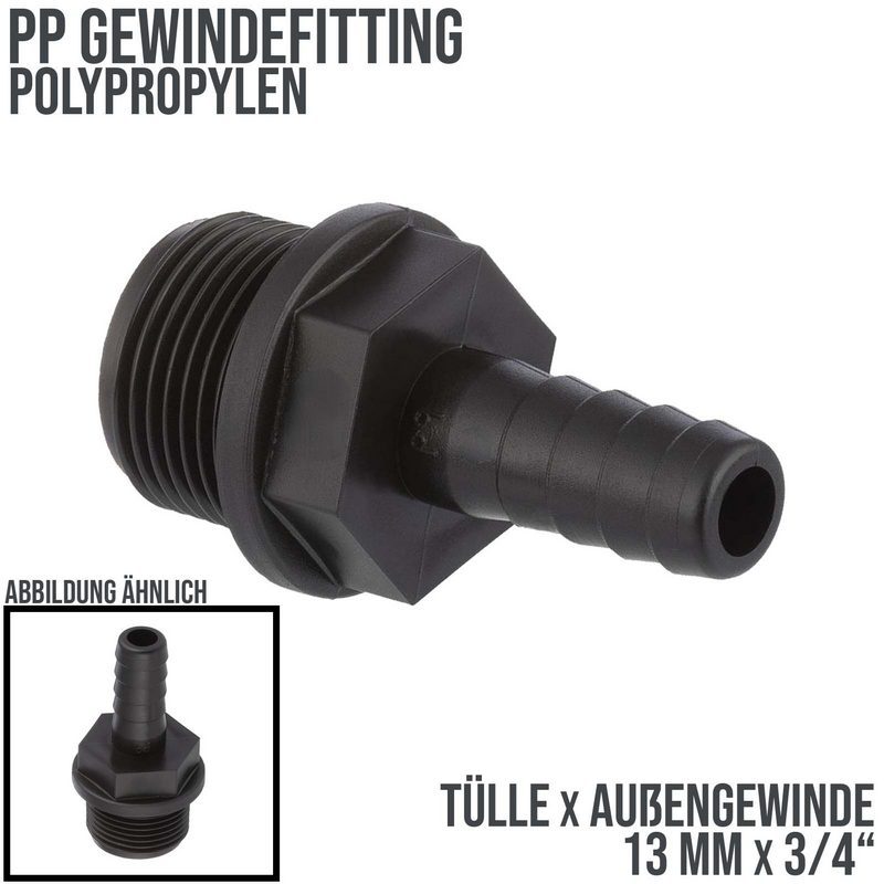 13 mm x 3/4 " PP Gewinde Fitting Schlauch Tülle Stutzen Außengewinde AG - PN 6 bar