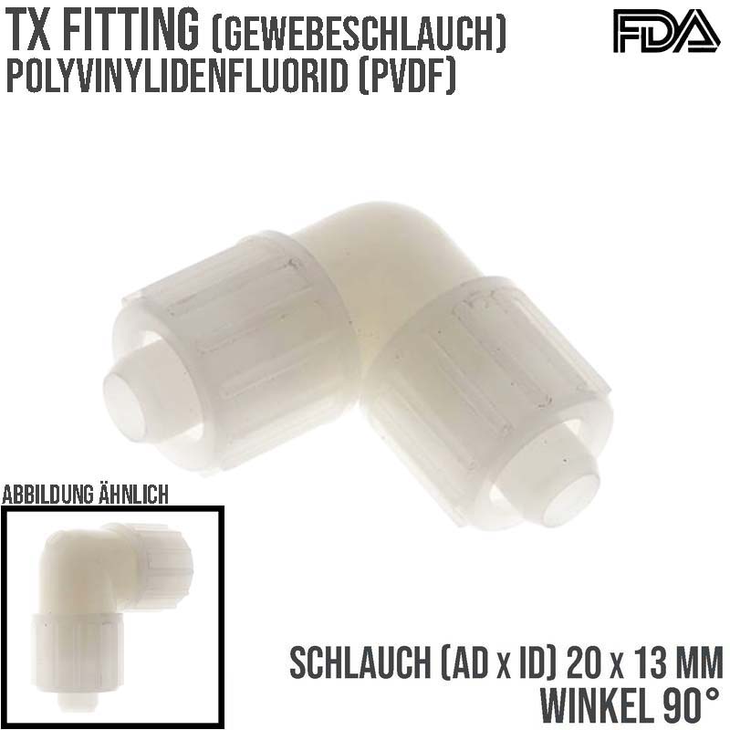 20 x 13 mm Winkel 90° TX Fitting Gewebe Schlauch Verbinder FDA PVDF weiß - PN 10 bar
