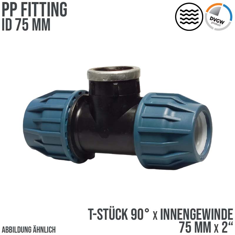 75 mm x 2" PE PP Fitting Klemm Verbinder Verschraubung Rohr T-Stück 90° x IG DVGW - PN 16 bar