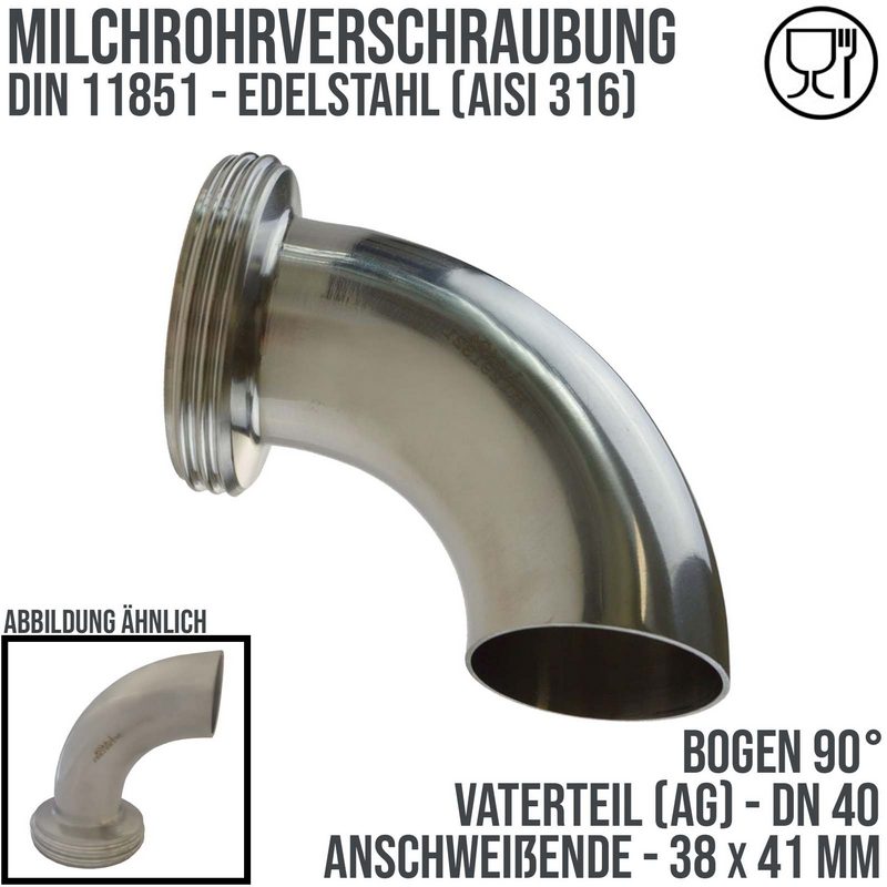 DN 40 Milchrohr Verschraubung DIN 11851 VT Vaterteil Stutzen 90° Bogen ÜWM Außengewinde Anschweißende ID x AD 38 x 41 mm - PN 25 bar