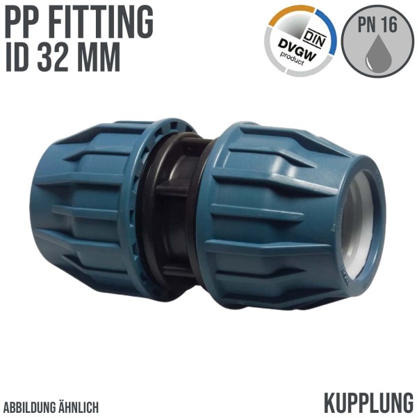 32 mm PE PP Fitting Klemm Verbinder Verschraubung Muffe Rohr Kupplung DVGW - PN 16 bar