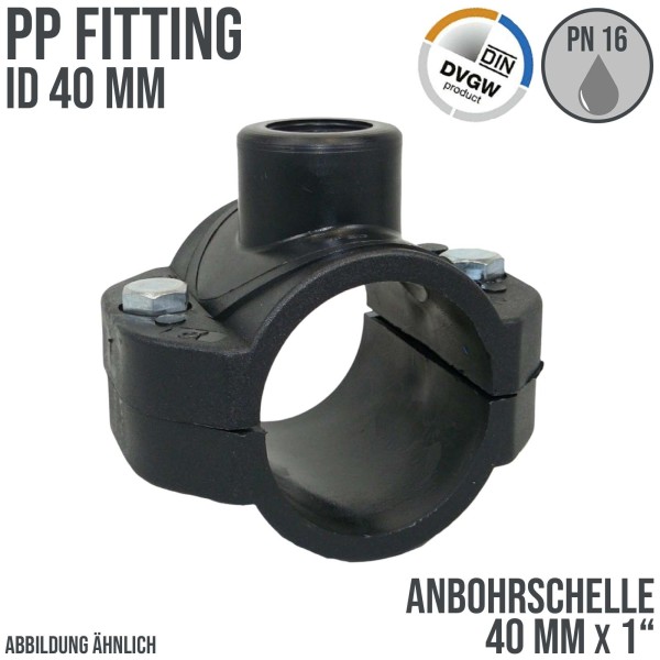 40 mm x 1" PP PE Anbohr Abzweig Schelle Klemmschale x Innengewinde DVGW [PN16]