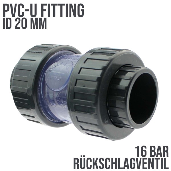 20 mm PVC Rückschlagventil Feder/Kugel Klebe Muffe PN 16 bar - transparent