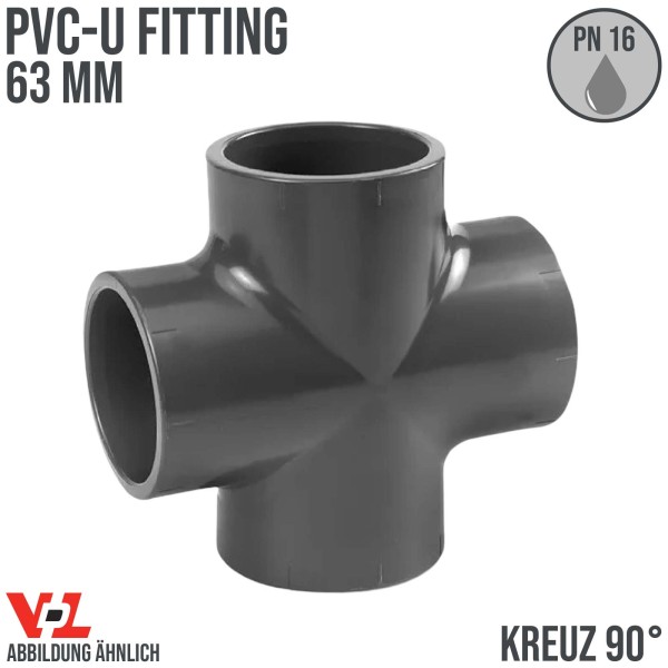 63 mm VDL PVC Klebe Fitting Kreuz Stück 90° Winkel Muffe Verbinder - PN 16 bar