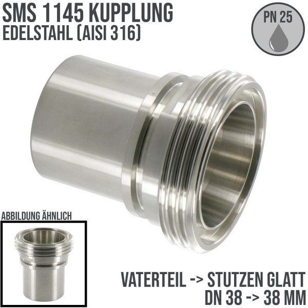 DN 40 SMS Kupplung 1145 Vaterteil VT Außengewinde Sicherungsbund - Stutzen glatt 40 mm - PN 25 bar