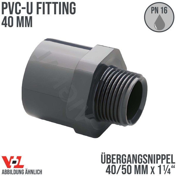 40 mm VDL PVC Klebe Fitting Übergangsnippel Achtkant 40/50 mm x 1 1/4" - PN 16 bar