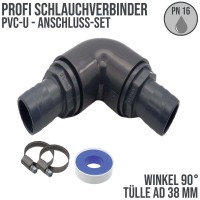 38 mm PVC PROFI Winkel 90° Schlauch Verbinder Stutzen Tülle Pool - PN 16 bar - Montage-Set