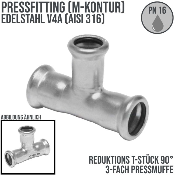 28 x 15 x 28 mm T-Stück 90° reduziert 3-fach Pressmuffe Edelstahl AISI 316 Fittings PN 16 bar