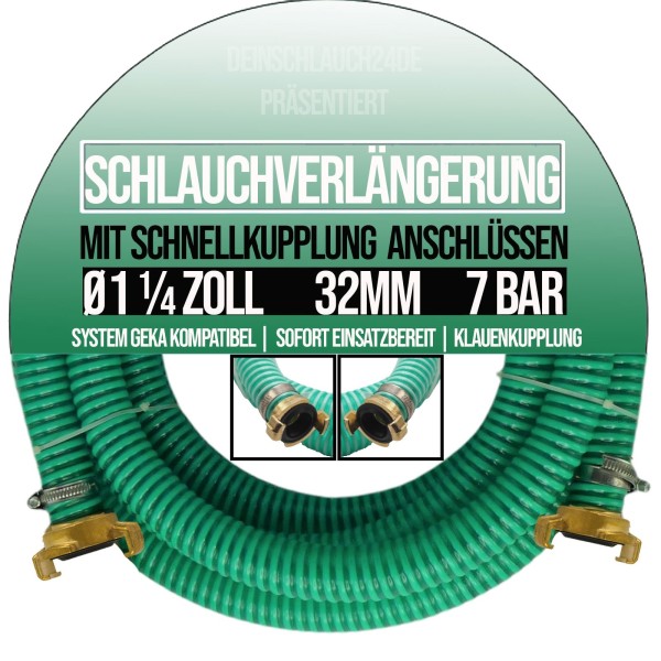 32 mm 1 1/4" Zoll Ansaug Saug Schlauch Pumpen Garnitur Verlängerung Schnellanschluss GEKA kompatibel