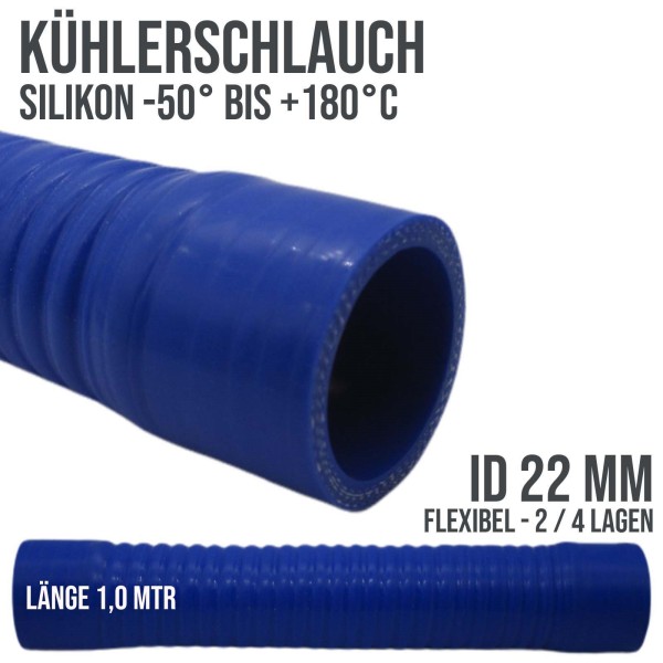 22 x 32 mm leicht flexibler Kühlerschlauch Silikon LLK Ladeluft Kühlmittel Schlauch blau PN 1,5 bar