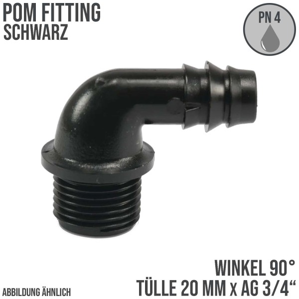 20 mm x 3/4" POM Winkel 90° Schlauch Verbinder Stutzen Tülle Außen Gewinde AG Tropf Fitting schwarz