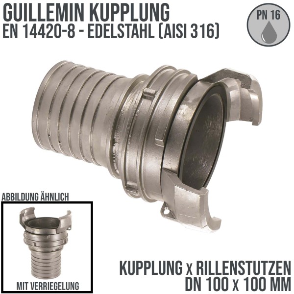 DN 100 Guillemin Kupplung Verriegelung Rillen Stutzen Tülle 100 mm Sicherungsbund Edelstahl AISI 316