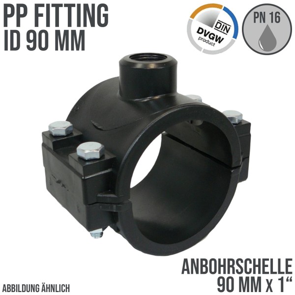 90 mm x 1" PP PE Anbohr Abzweig Schelle Klemmschale x Innengewinde DVGW [PN16]