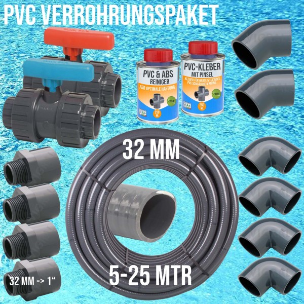 32 mm PVC Klebe Fittings Verrohrungspaket Pool Schwimmbad Schlauch FLEX (1")