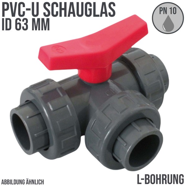 63 mm PVC Kugel Absperr Hahn Ventil L-Bohrung 3-fach Klebemuffe Fitting PN 10 bar - roter Griff