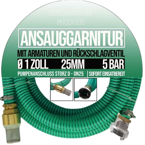 25 mm 1" Zoll Ansaug Saug Schlauch Pumpen Garnitur STORZ D Kupplung grün (1 - 25m)