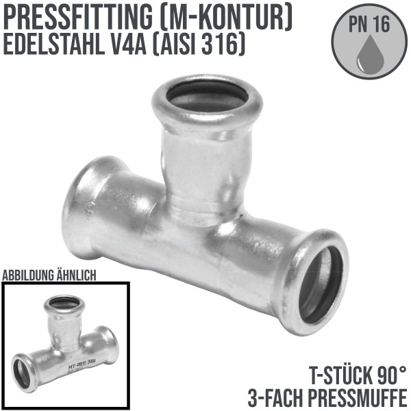 35 mm T-Stück 90° 3-fach Pressmuffe Edelstahl AISI 316 Fittings PN 16 bar