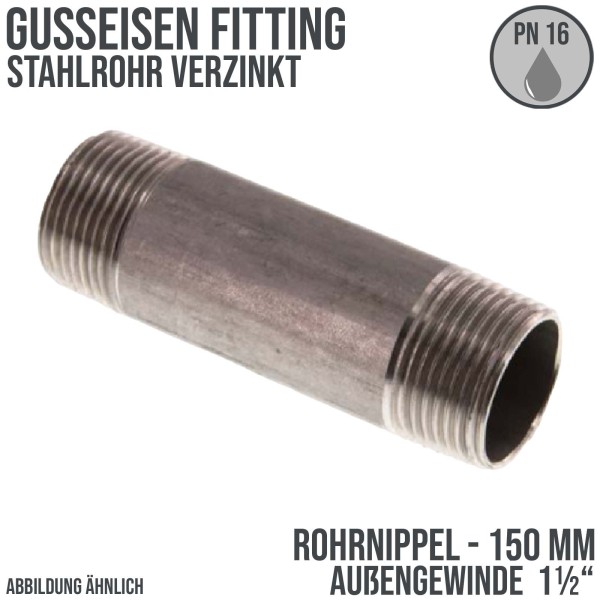 1 1/2" Rohrnippel Stahl verzinkt 150 mm Außen x Außengewinde AG Fittings - PN 16 bar