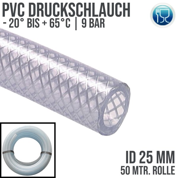 25 x 34 mm PVC Druckluftschlauch Gewebe Universal Wasser Luft Schlauch glasklar (9 bar) - 50m Rolle