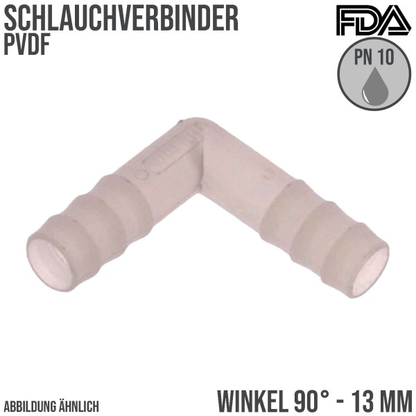 13 mm PVDF Winkel 90° Schlauch Verbinder Stutzen Tülle Fitting FDA Lebensmittel weiss PN 10 bar