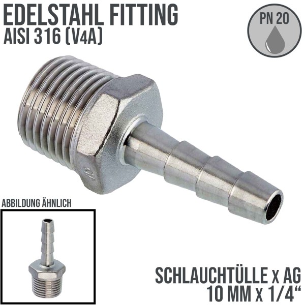 10 mm x 1/4" Zoll Schlauch Tülle Stutzen Außengewinde AG Nippel Edelstahl AISI 316 VA Fitting - PN