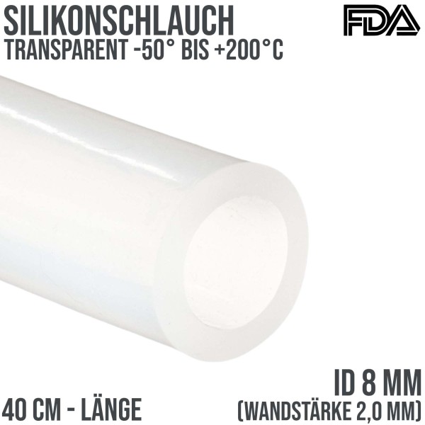 8 x 12 mm Silikon Silicon Milch Schlauch transparent lebensmittelecht FDA 0,35 bar - 40 cm