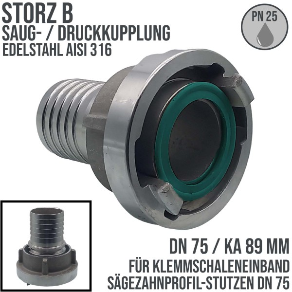 STORZ B DN75 KA89 V4A Saug Kupplung -> gerillter Sägezahn Stutzen Tülle Sicherungsbund DN50 Klemmsch