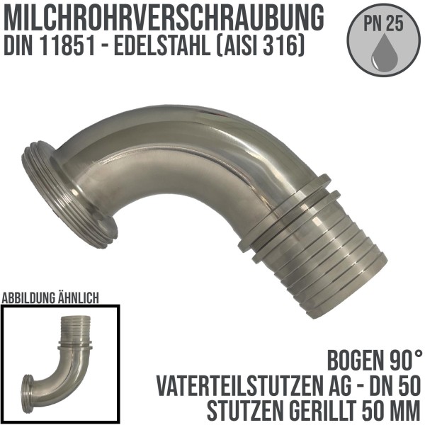 DN 50 Milchrohr Verschraubung DIN 11851 VT Vaterteil Stutzen 90° Bogen Außengewinde RD Sicherungsbun