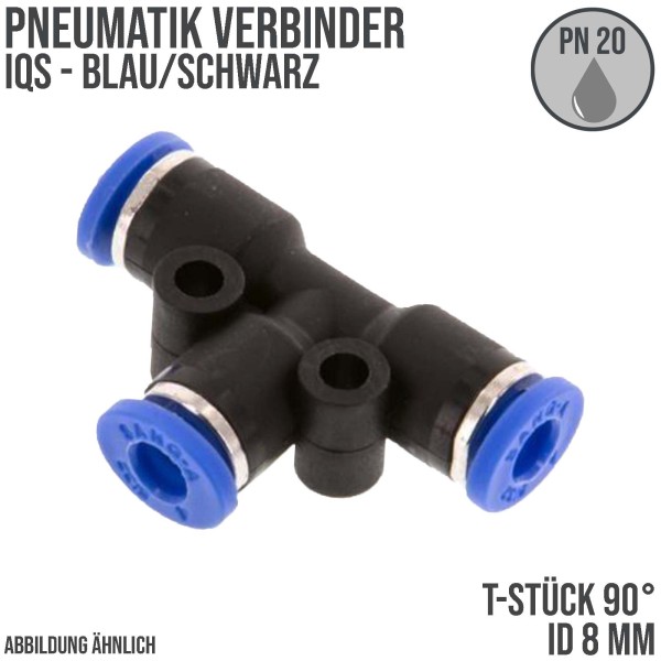 8 mm Pneumatik Schnell Steck Verbinder IQS T-Stück 90° blau/schwarz PA PU Schlauch - PN 20 bar