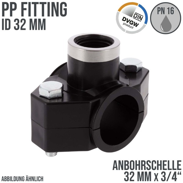 32 mm x 3/4" PP PE Anbohr Abzweig Schelle Klemmschale x Innengewinde DVGW [PN16]