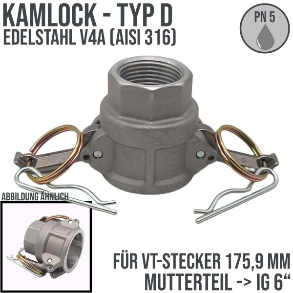 Kamlock Typ D - Mutterteil Edelstahl V4A (AISI 316) mit Innengewinde (IG) für Stecker 179,9 mm - 6"