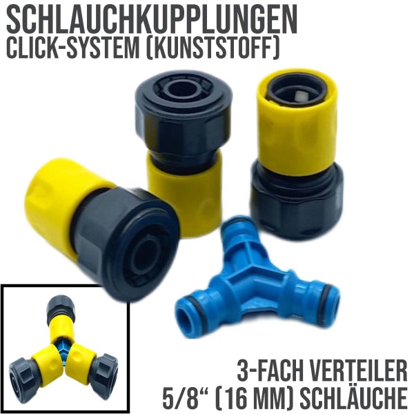 5/8" Zoll 16 mm 3-fach Verteiler Click-System Schlauch Kupplung Stecker Anschluss - SET