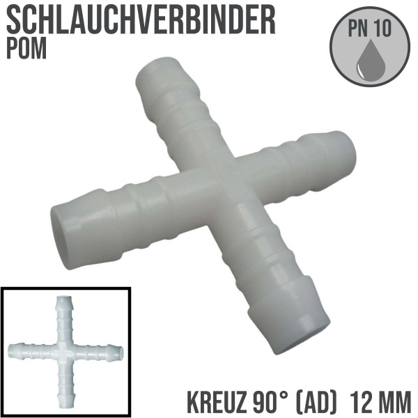12 mm POM Kreuz Schlauch Verbinder Stutzen Tülle Kupplung Fitting weiss PN 10 bar