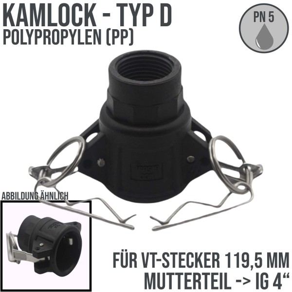 Kamlock Typ D - Mutterteil Polypropylen PP mit Innengewinde (IG) für Stecker 119,5 mm - 4" Zoll DN10