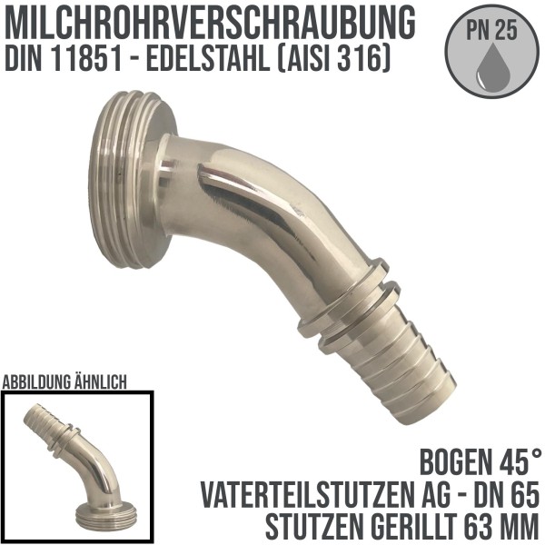 DN 65 Milchrohr Verschraubung DIN 11851 VT Vaterteil Stutzen 45° Bogen Außengewinde RD Sicherungsbun