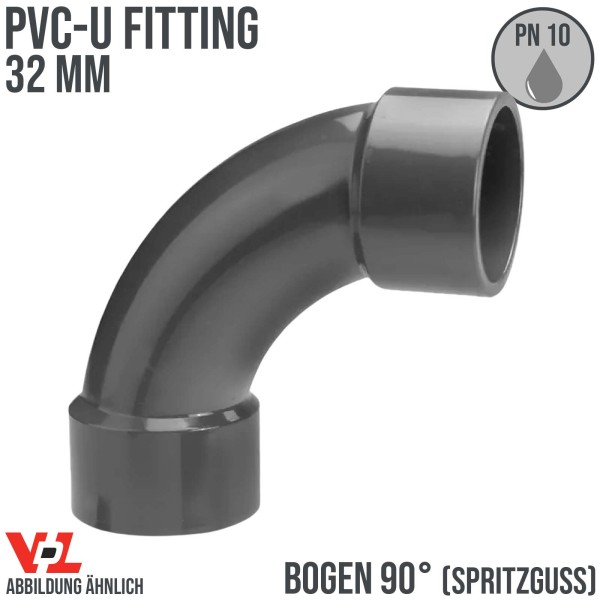 32 mm VDL PVC Klebe Fitting Bogen Winkel 90° (Spritzguss) Muffe Verbinder - PN 16 bar