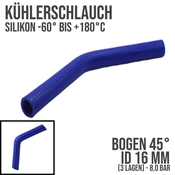 16 x 24 mm Kühlerschlauch Silikon Bogen 45° LLK Ladeluft Kühlmittel Schlauch blau - 8,0bar