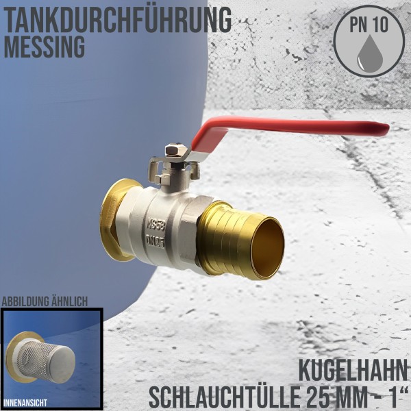 Tank Regen Tonnen Durchführung Messing Kugelhahn Schlauch Tülle Stutzen 25mm (1") - Anschuss Set PN