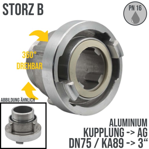 STORZ B DN75 KA89 Kupplung mit drehbarem AG 3" Saug Bau Feuerwehr Schlauch 16bar