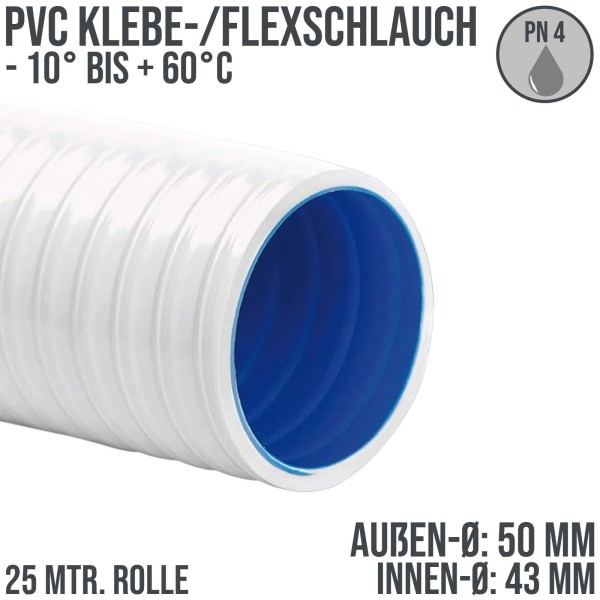 50 x 42 mm PVC Klebe Flex Spiral Spa Schwimmbad Pool Schlauch weiss/blau PN 4 bar - 25 m